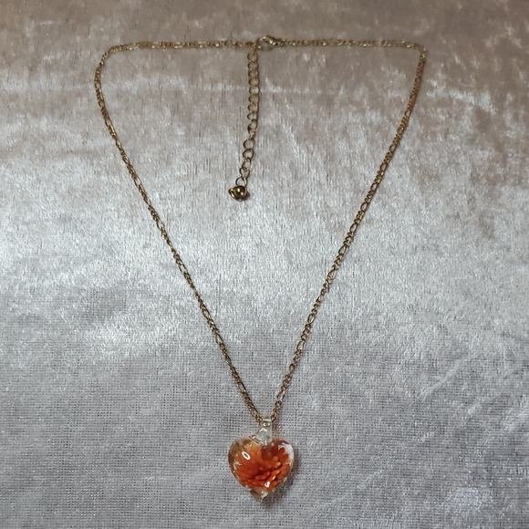 Murano Glass Lampwork Heart Pendant Necklace Orange Flower Gold Tone - Picture 2 of 5